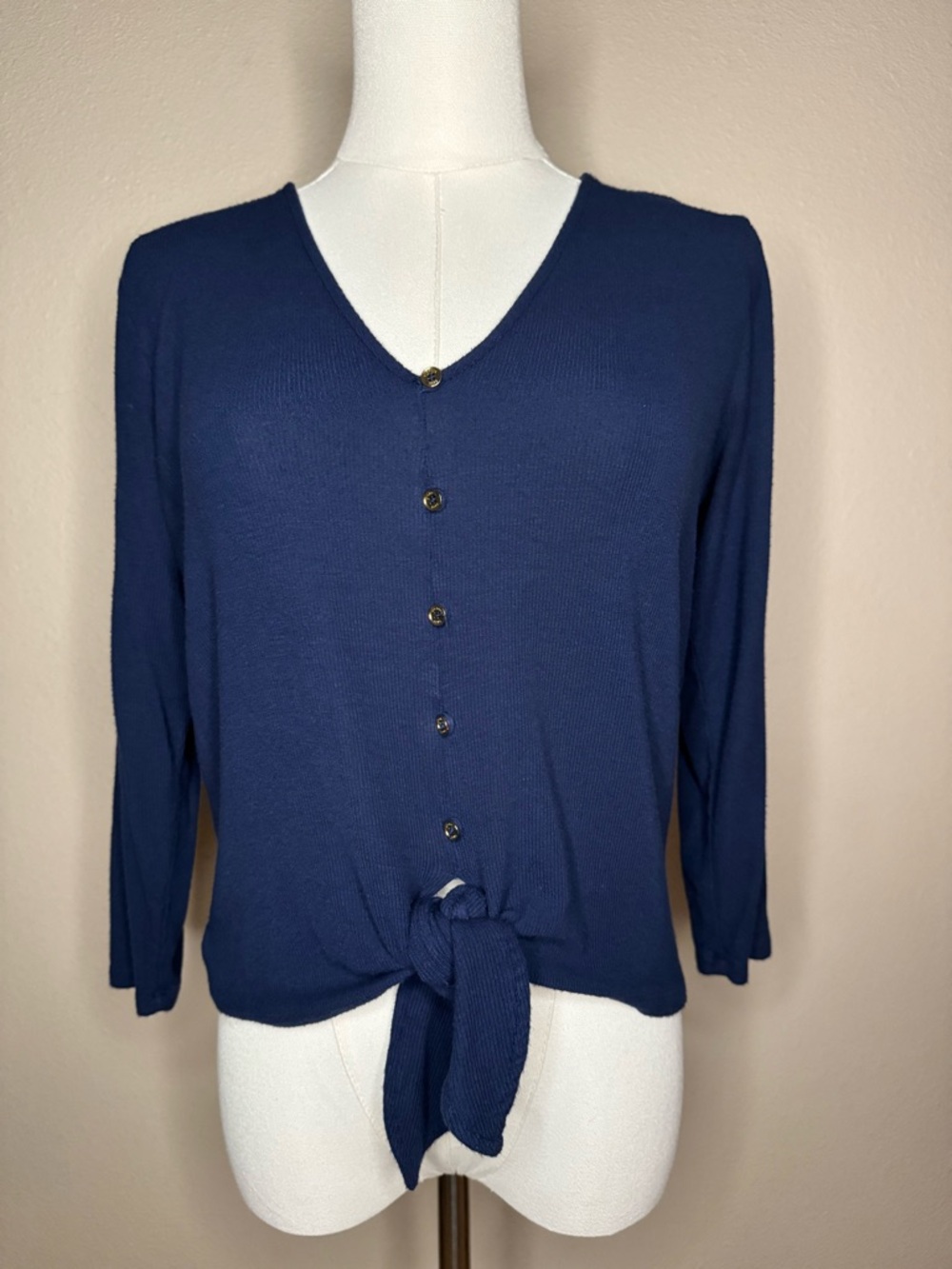 Michael Kors Navy Button-Front V-Neck Tie-Hem Top